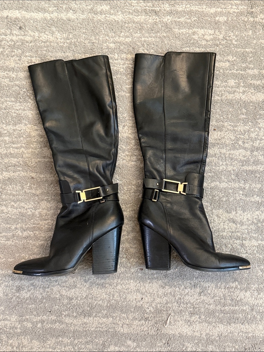 Aldo Black Leather Knee Boots with Gold Buckle Accent